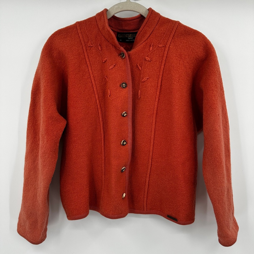 Geiger Tyrol Coral Orange‎ Wool Folk Cardigan Sweater Jacket Button Austria M
